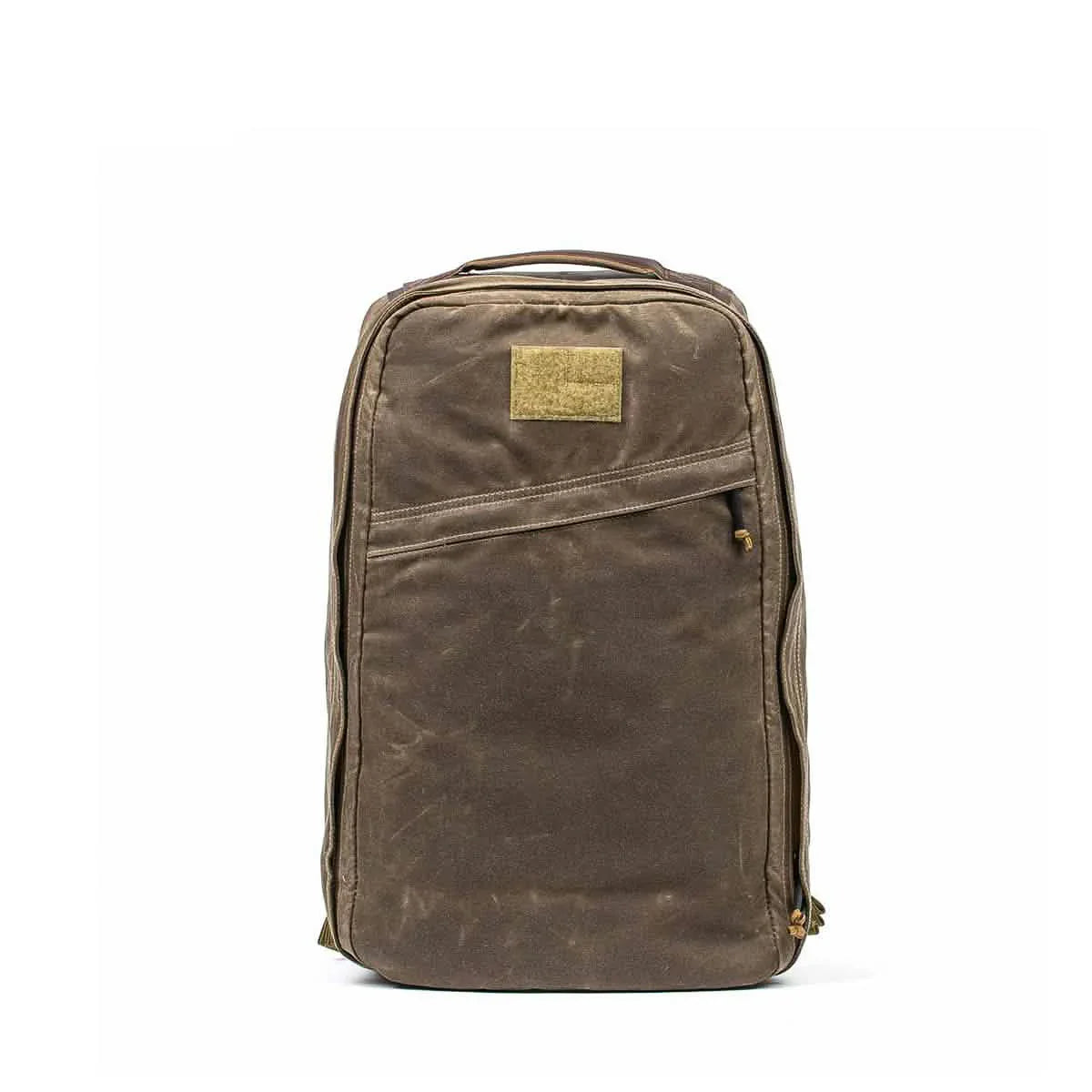 GORUCK Dark Oak rugged tactical rucksack with front zippered pocket and top handle, durable outdoor gear