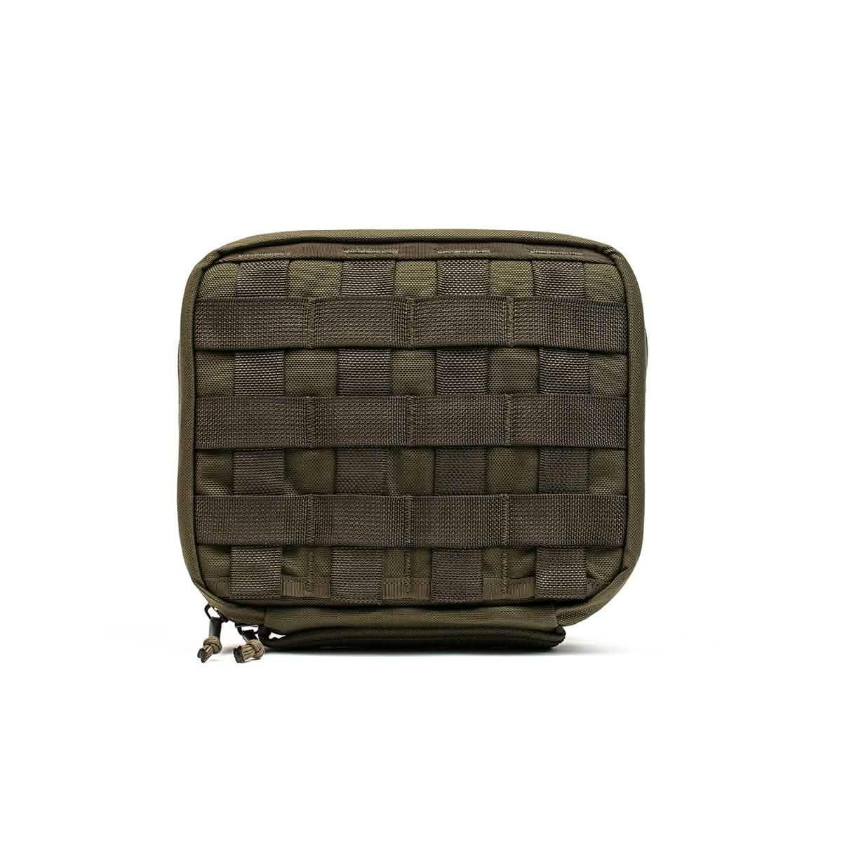 GORUCK field pocket in olive green with MOLLE webbing and dual zipper pulls for tactical gear