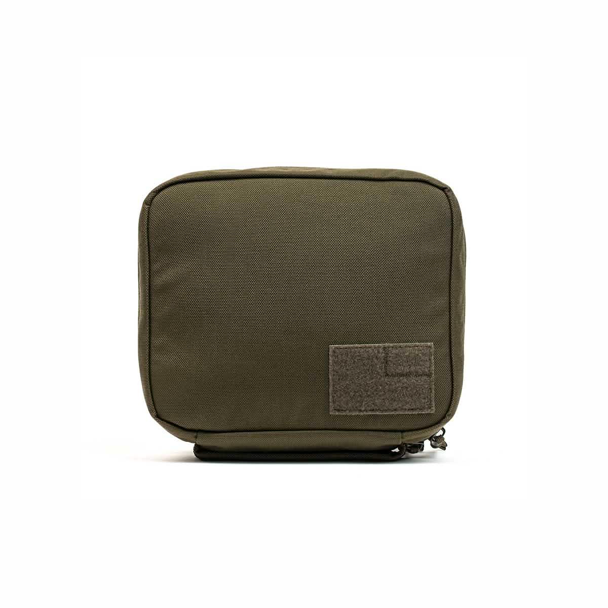 The GR2 Field Pocket by GORUCK, crafted from durable 1000D Cordura in a square, olive green design, features a zippered closure and a small rectangular patch on the front, making it perfect as an electronics organizer.