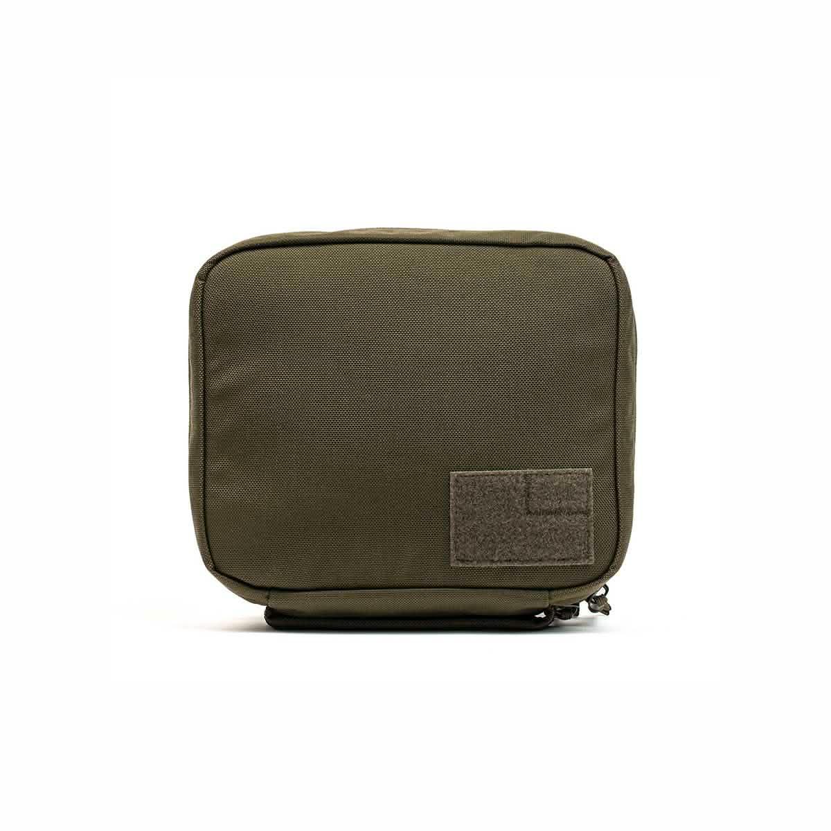 Compact olive green tactical field pocket pouch with textured fabric and Velcro patch