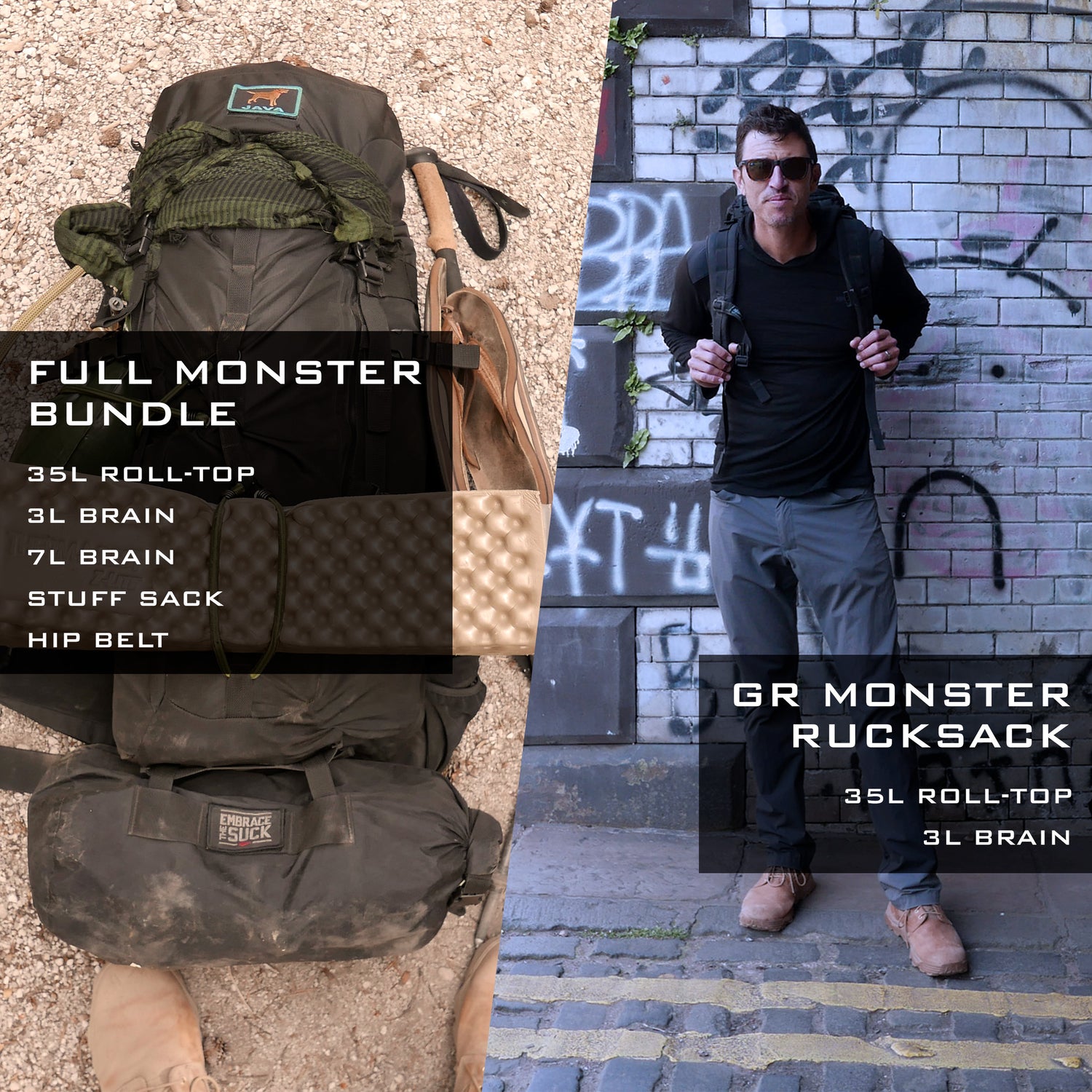 Two views of the black GR MONSTER Rucksack - PREORDER: one displaying its gear capacity, the other modeled by a man in sunglasses and outdoor attire. This pack highlights durability and style, making it an ideal choice for outdoor adventures.