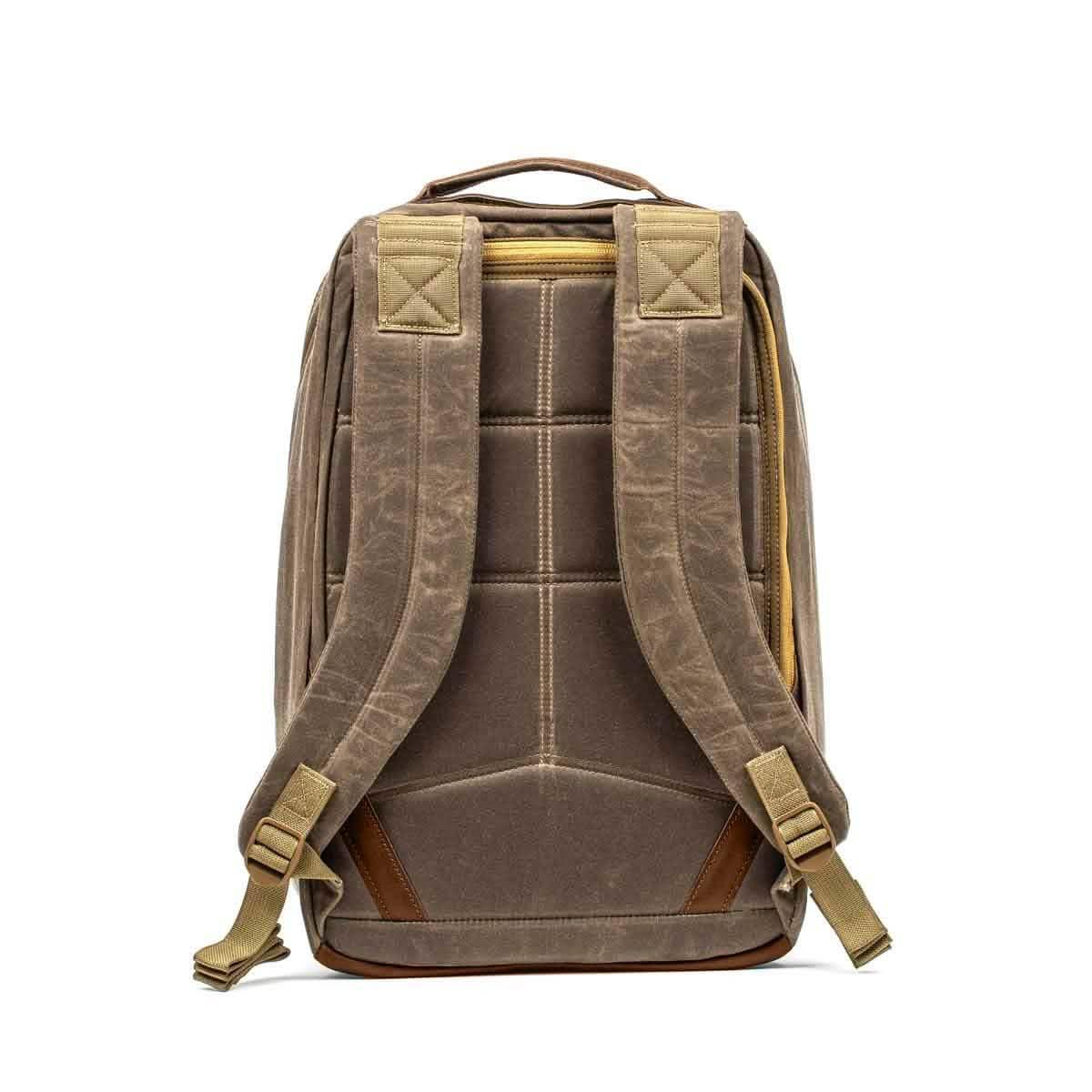 GORUCK Heritage 26L Field Tan backpack shown from the back with padded straps and durable construction