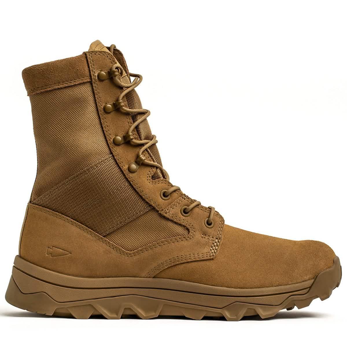 Side view of rugged tan high-top tactical boot with reinforced sole and durable fabric panel
