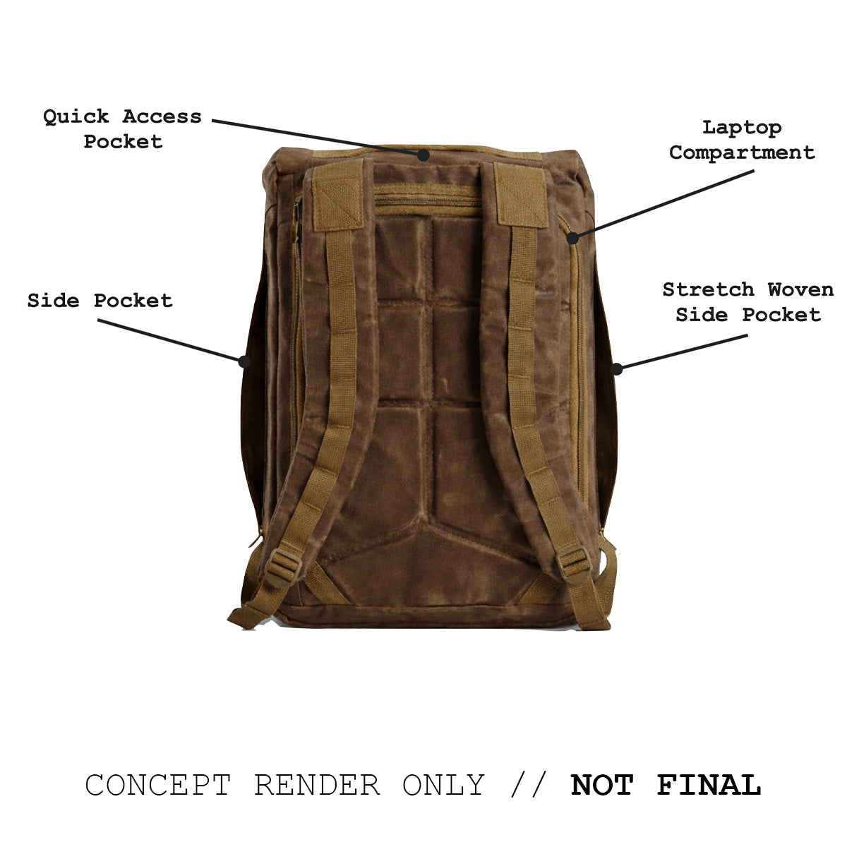 M26 PREORDER // Q4 2026 ETA: Brown backpack shown from the back with labeled pocket locations, made from rugged 500D CORDURA, featuring a bombproof laptop compartment. Concept render, not final.