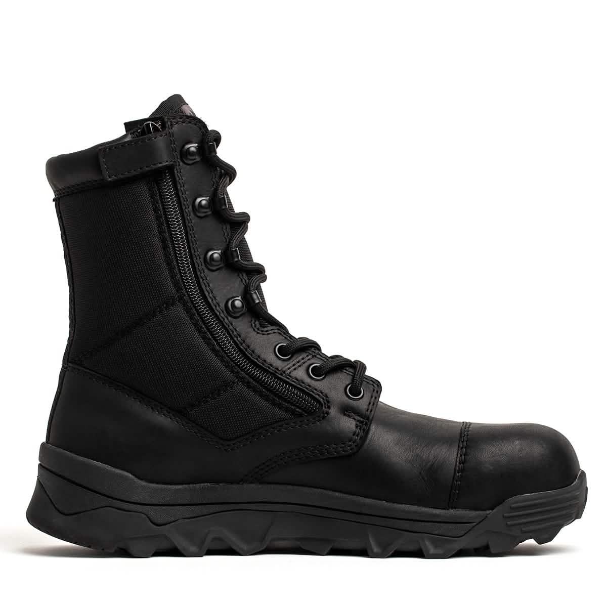 Black tactical rucking boot with side zipper and rugged sole for durable outdoor use
