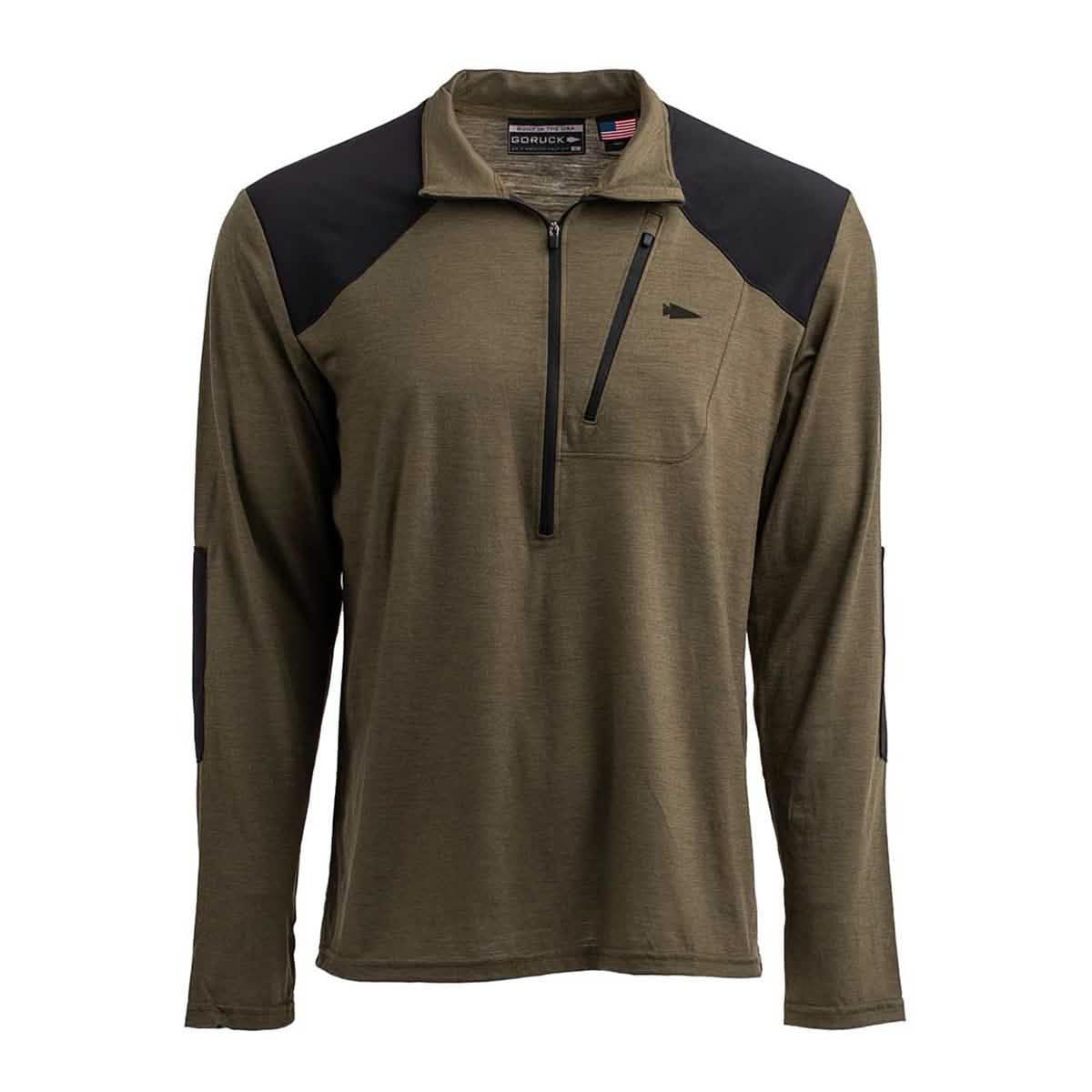 GORUCK olive green merino wool long sleeve pullover with black shoulder panels and zippered chest pocket