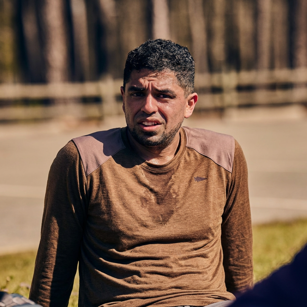 A man wearing the Men’s Commando Long Sleeve - Merino Wool sits outdoors, appearing tired and sweaty with trees behind him.