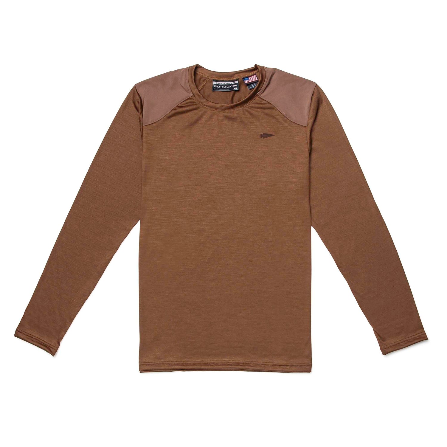 Men’s Commando Long Sleeve - Merino Wool in brown with reinforced shoulders and darker brown shoulder patches, displayed flat on a white background.