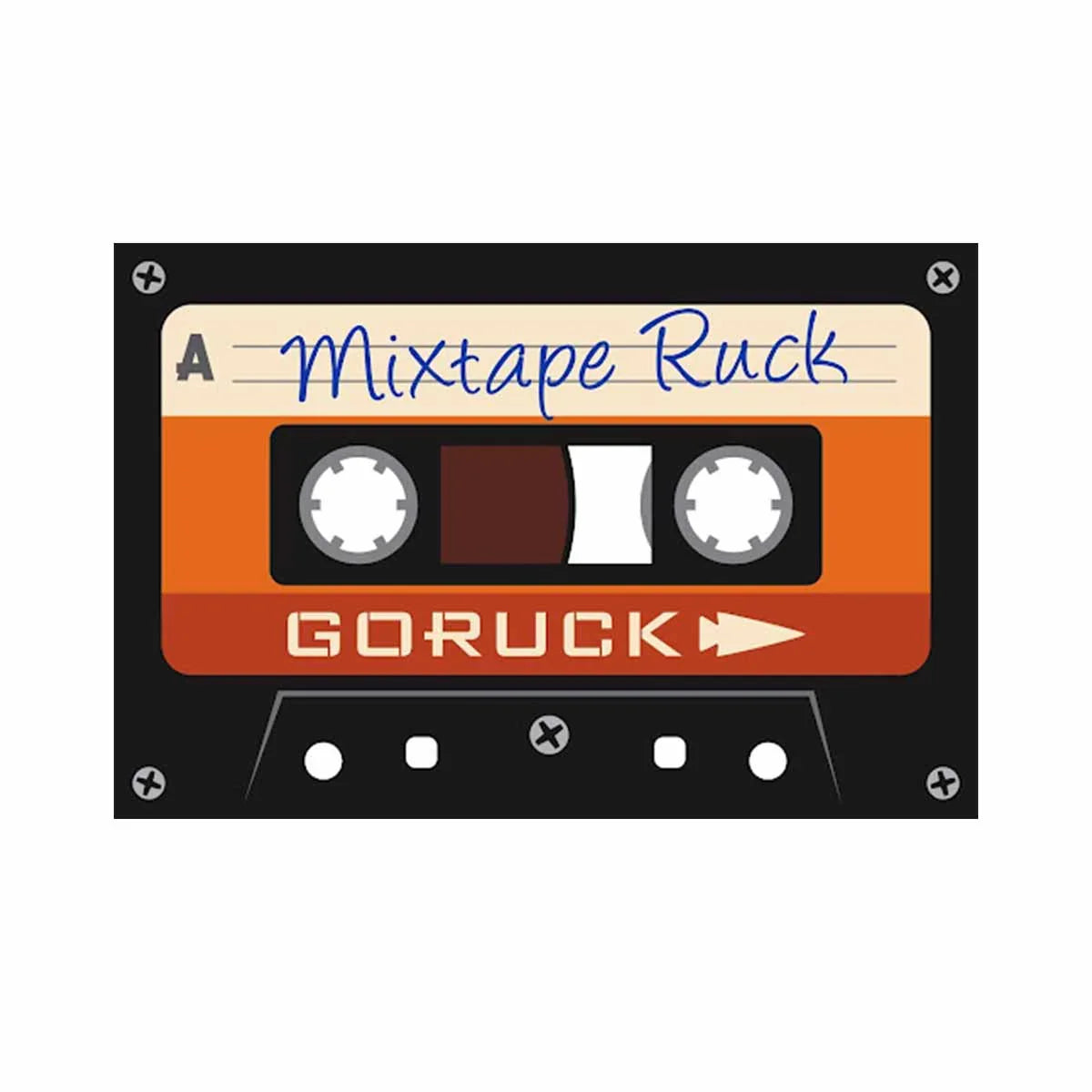 Retro cassette tape labeled Mixtape Ruck with GORUCK branding in orange and black colors