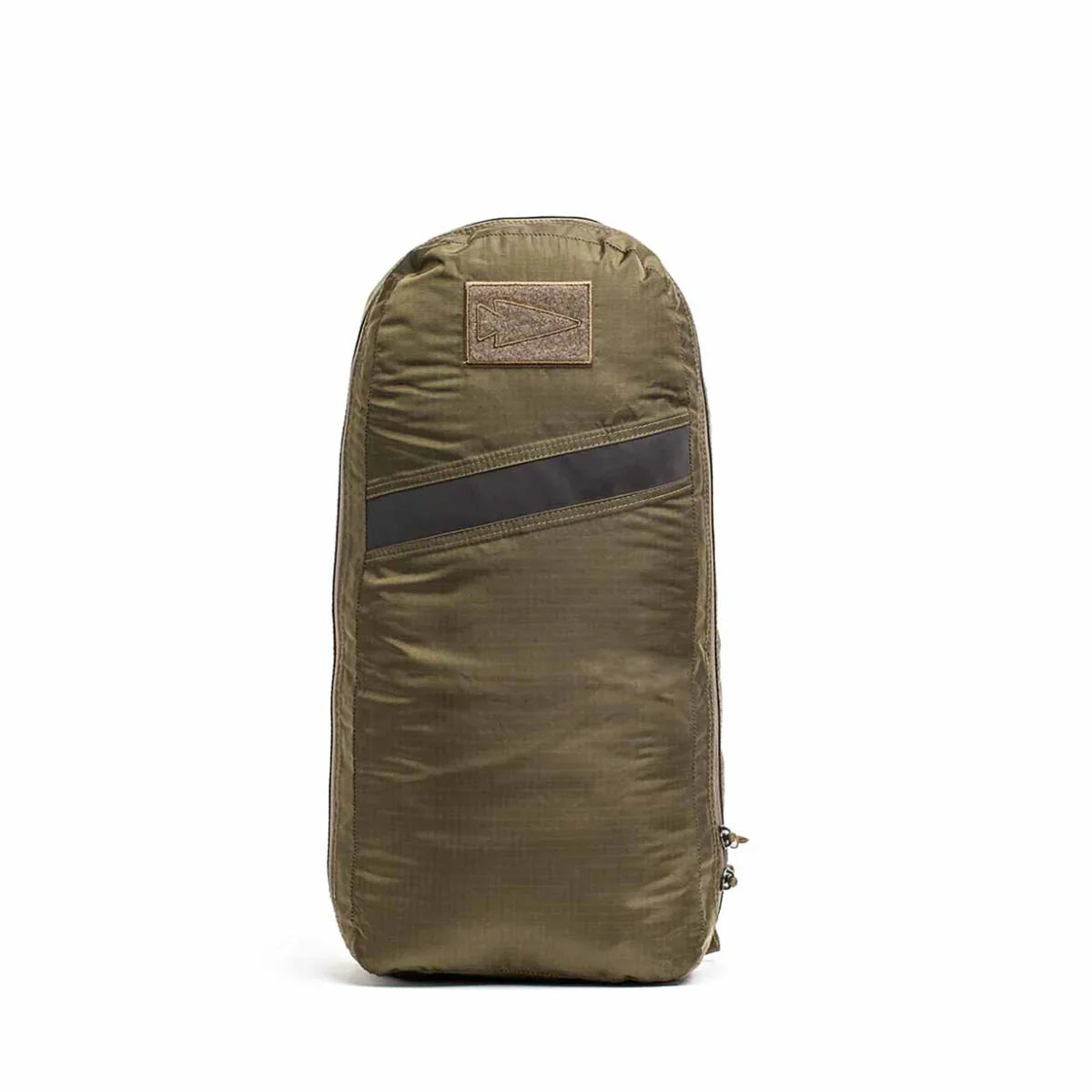 GORUCK Packable Bullet backpack in ranger green with angled black stripe and patch logo