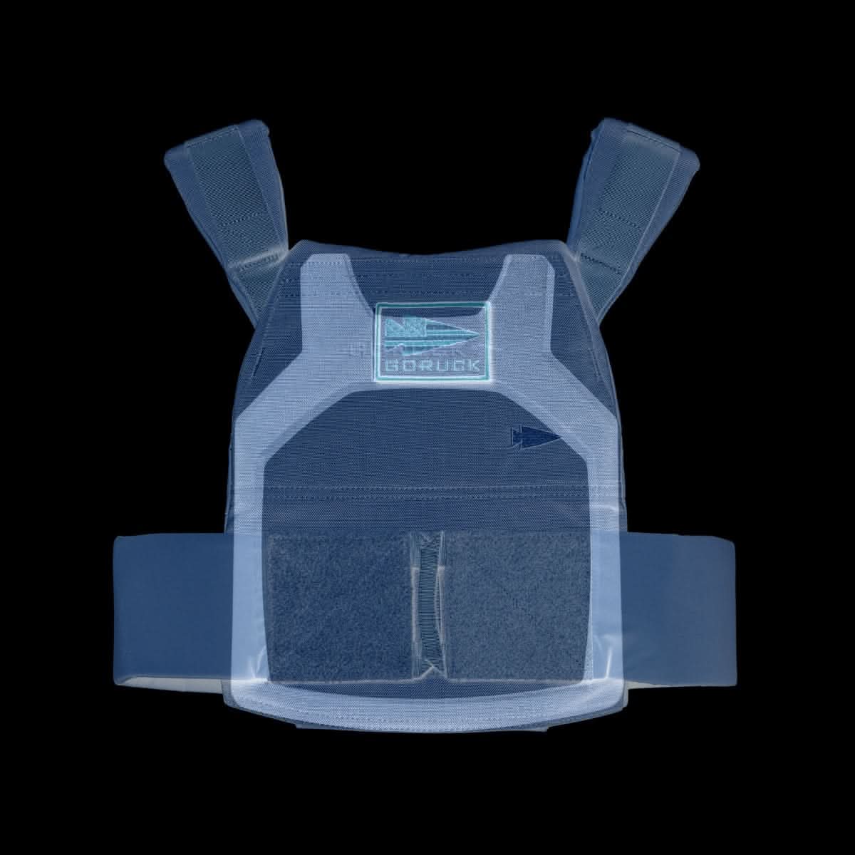 X-ray style image of the Rucking Weight Vest in blue, featuring Velcro straps, a chest GORUCK patch, and Curved Ruck Plates inside—ideal for rucking workouts.