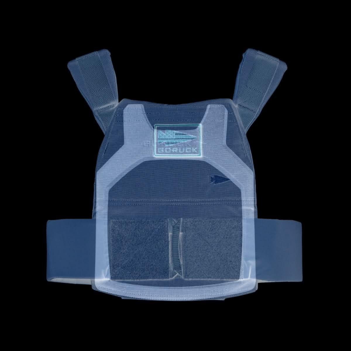 X-ray view of GORUCK tactical rucking backpack highlighting internal structure and label