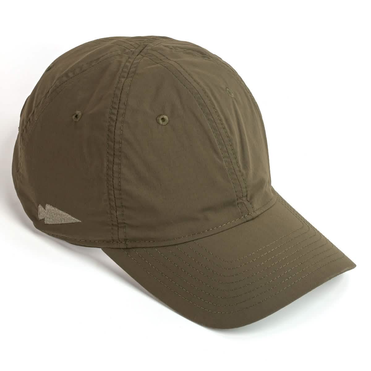 The GORUCK Performance TAC Hat - Slick in green features a curved brim and stitching details, made from sweat-wicking TOUGHDRY® fabric. It includes a small, subtle logo on the left side and is pictured from a side angle against a white background.