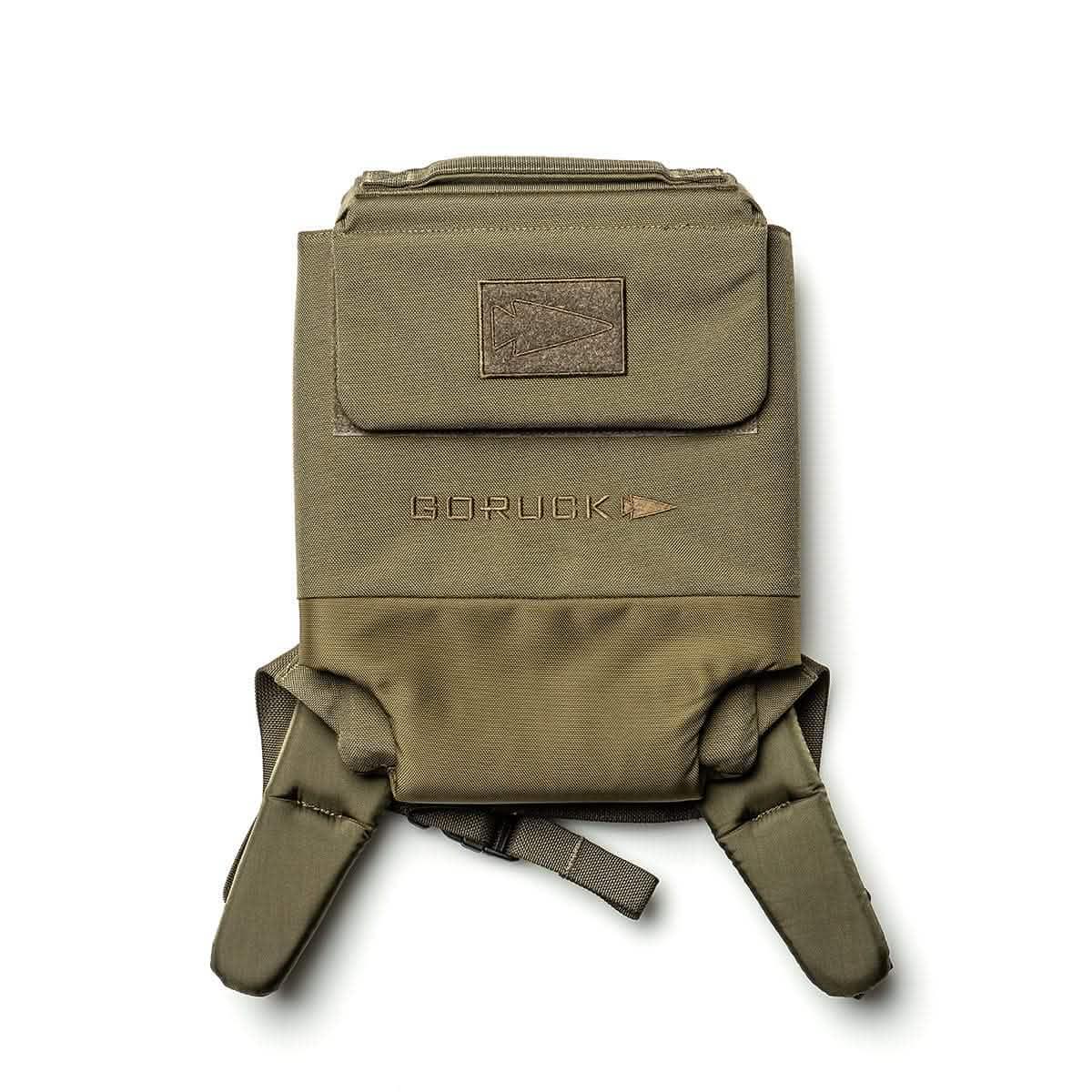 GORUCK olive green rucksack pack with padded straps and logo patch on front against white background