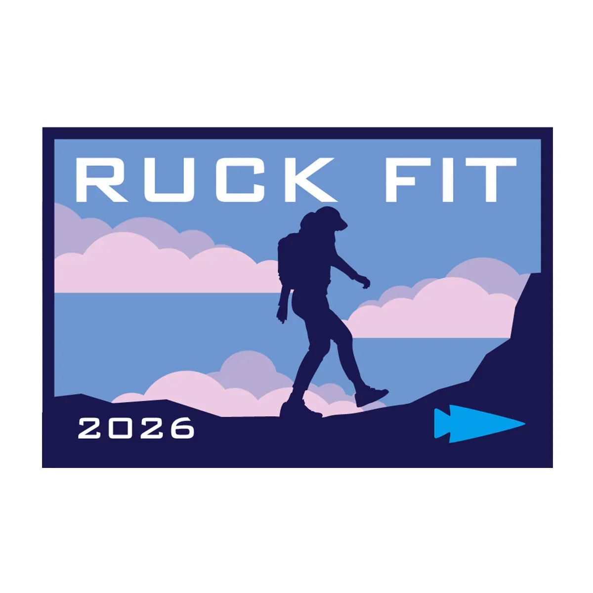 GORUCK Ruck Fit 2026 patch with silhouette of hiker walking uphill against blue sky and pink clouds