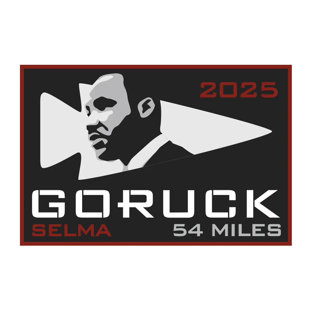 GORUCK Selma 54 Miles 2025 event patch with stylized male silhouette and arrow.