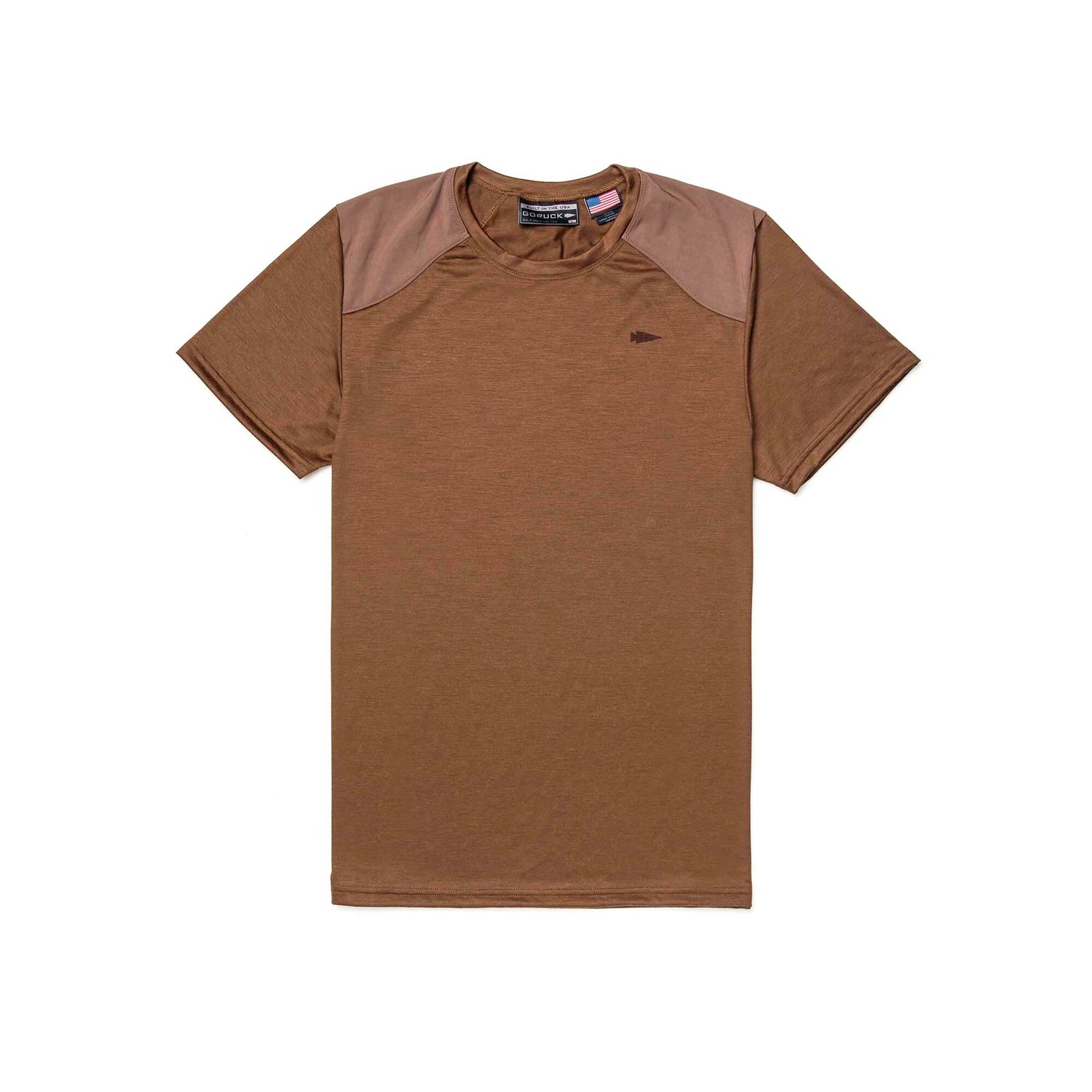 The Men’s Commando Tee - Merino Wool is a brown short-sleeve t-shirt with reinforced, darker brown shoulder panels inspired by classic commando sweaters, laid flat on a white background.