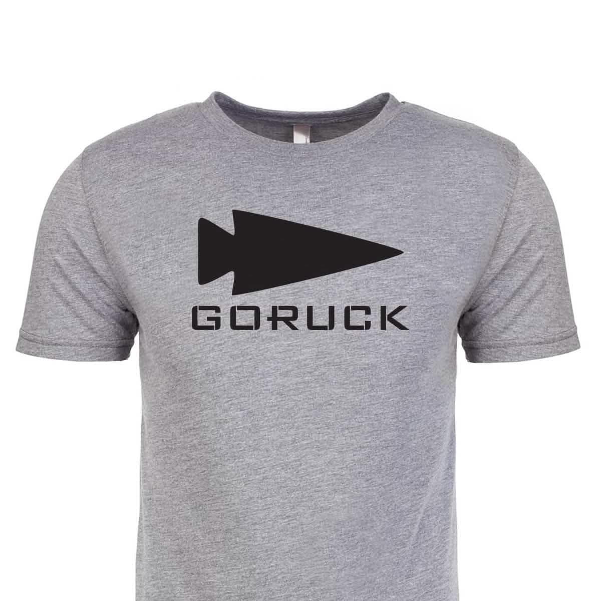 Gray GORUCK t-shirt with black arrowhead logo and GORUCK text on front
