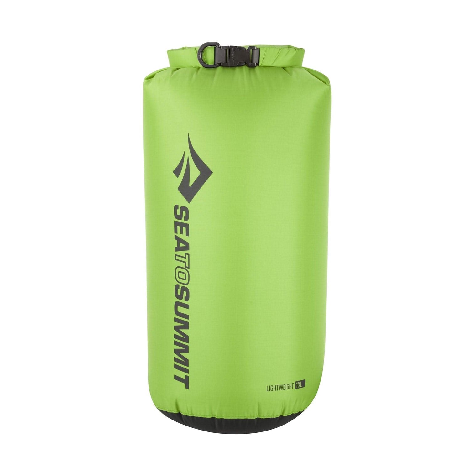 A vibrant green Sea to Summit Dry Sack made from lightweight nylon, boasting a waterproof roll-top closure and a black bottom. The brand's logo is vertically displayed in black letters along the side.