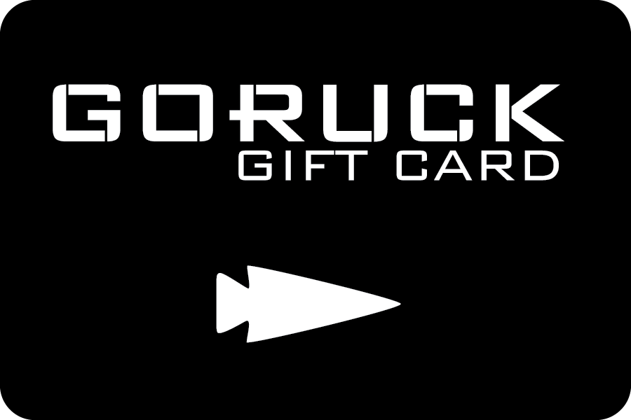 A sleek black GORUCK e-Gift Card with white text displaying