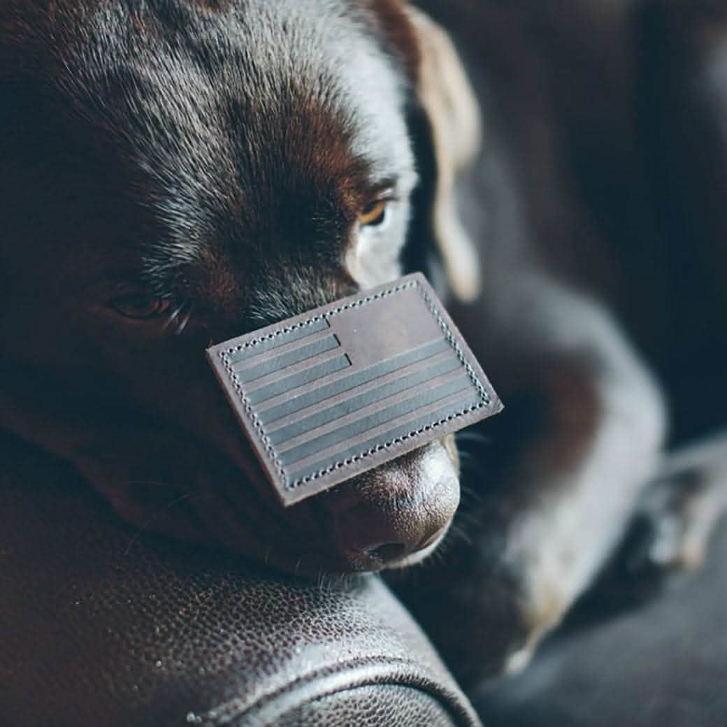 A black dog rests its head on a dark full grain cowhide surface, with a Patch - Leather Reverse Flag by vendor-unknown featuring an embossed American flag placed on its nose. The patch is equipped with VELCRO® backing for secure attachment, while the dog's partially closed eyes exude relaxation.