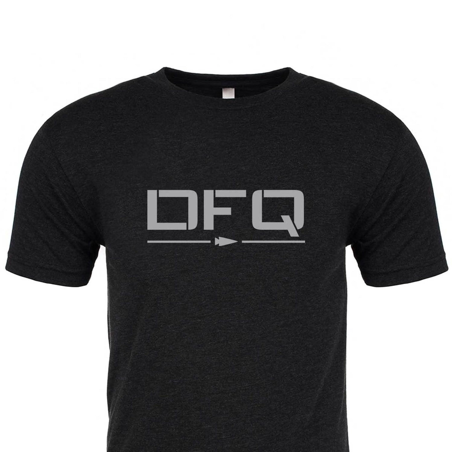 GORUCK black t-shirt with gray DFQ text and arrow graphic, tough rucking gear