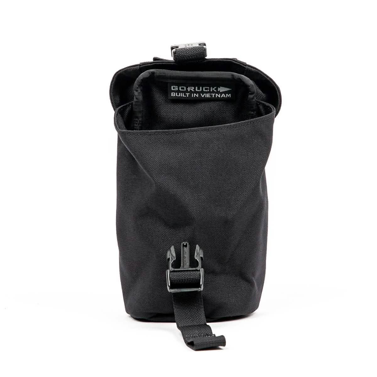 Black GORUCK full panel water bottle pocket with buckle, built in Vietnam, durable rucking gear accessory