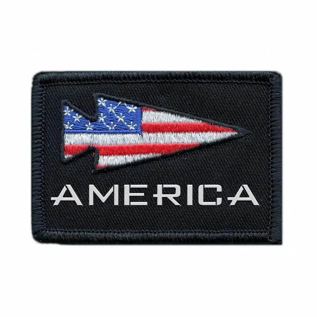 GORUCK embroidered patch with USA flag arrow design and AMERICA text on black background