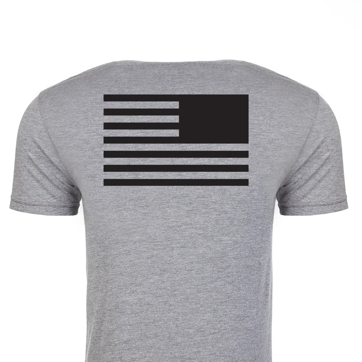 GORUCK grey t-shirt back with black reverse American flag graphic, rucking apparel