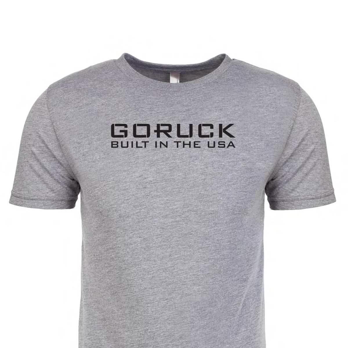 GORUCK gray t-shirt with 'Built in the USA' text, rucking gear apparel