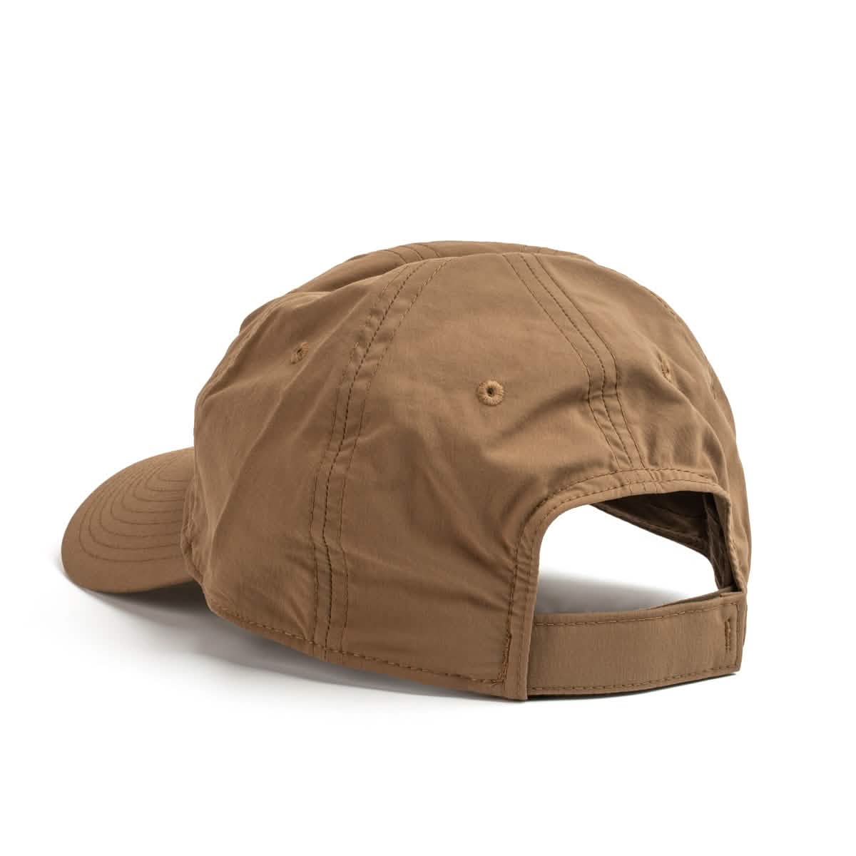 The Performance TAC Hat - Slick - TOUGHDRY by GORUCK is displayed from the back, highlighting its adjustable strap and ventilation holes. Constructed with ToughDry® fabric, this brown cap provides sweat-wicking comfort and is set against a plain white background.