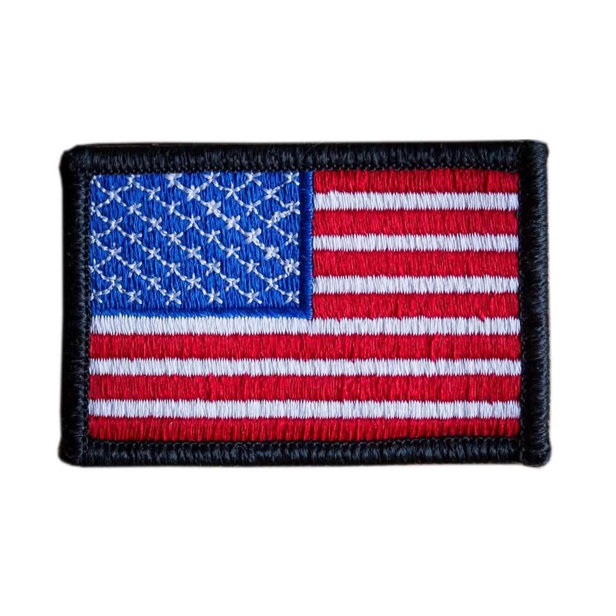 Embroidered American flag patch with black border, red and white stripes, and white stars on blue field