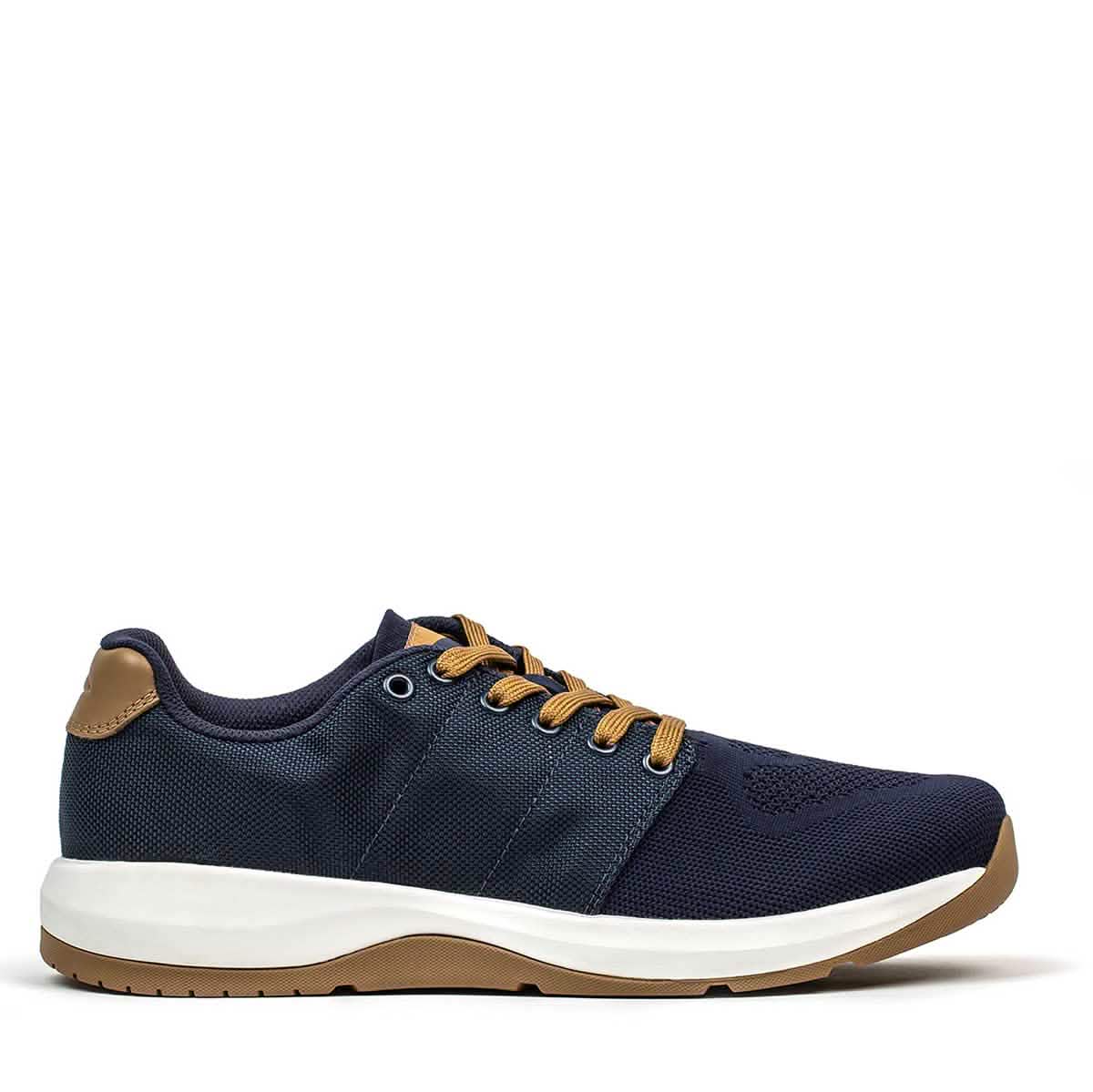 Ballistic Trainers in Navy + White + Coyote feature tan laces, a white sole, and tan accents—ideal workout shoes providing stability and support with every step.
