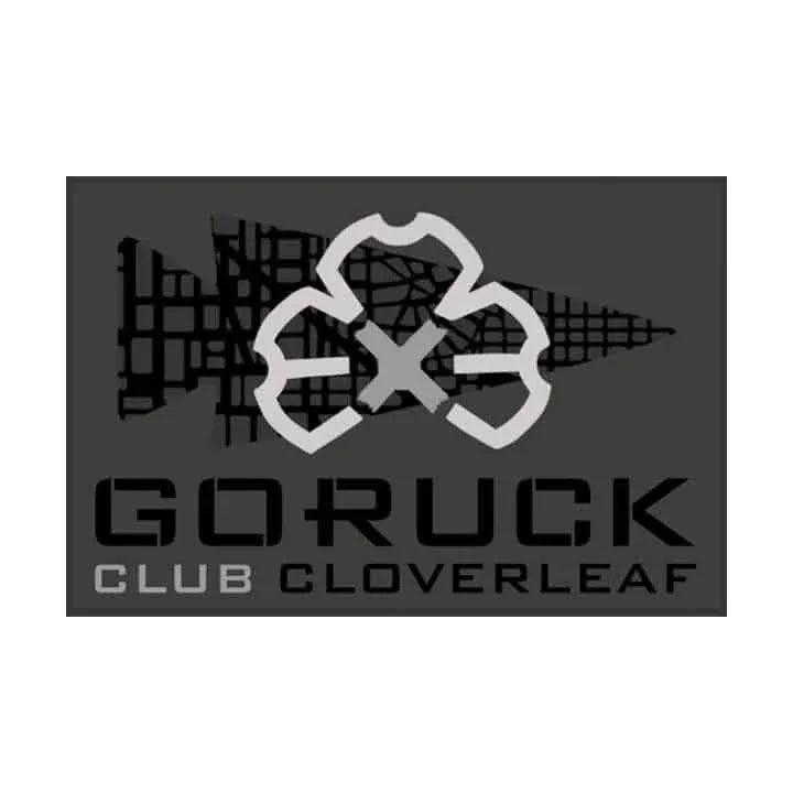 GORUCK Club Cloverleaf patch with silver cloverleaf emblem on dark background, rucking gear