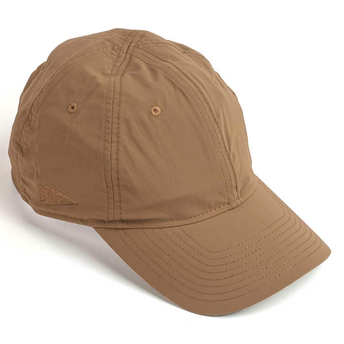 The Performance TAC Hat - Slick from GORUCK, crafted with lightweight and breathable ToughDry® fabric in brown, features a slightly curved brim with visible stitching. It showcases sweat-wicking properties and a subtle embroidered logo on the side, highlighting its design from both the top and side angles.