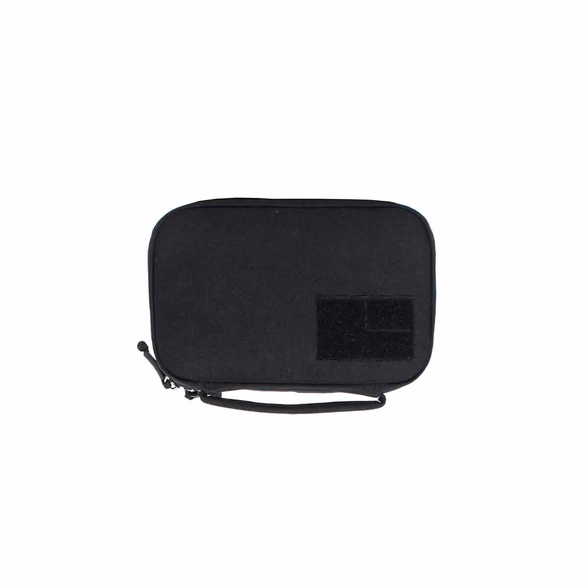 The GR1 Field Pocket by GORUCK is a compact black fabric pouch equipped with a zipper and a side wrist strap. Designed as an ideal electronics organizer, it features a rectangular velcro patch on the front for enhanced convenience.
