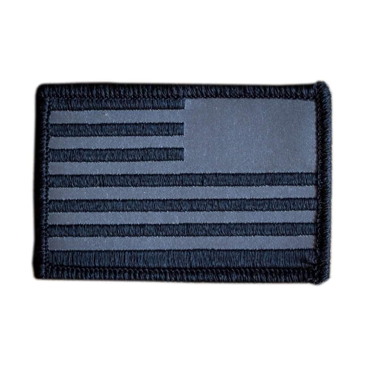 Reflective reverse American flag patch with black and gray stripes and border for tactical gear