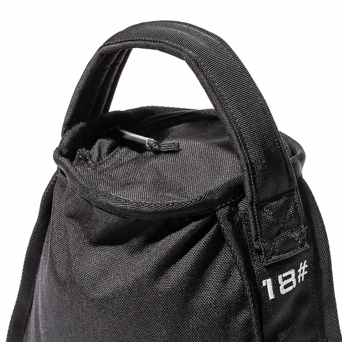 Black 18-pound durable rucking sandbag with reinforced handle and drawstring closure