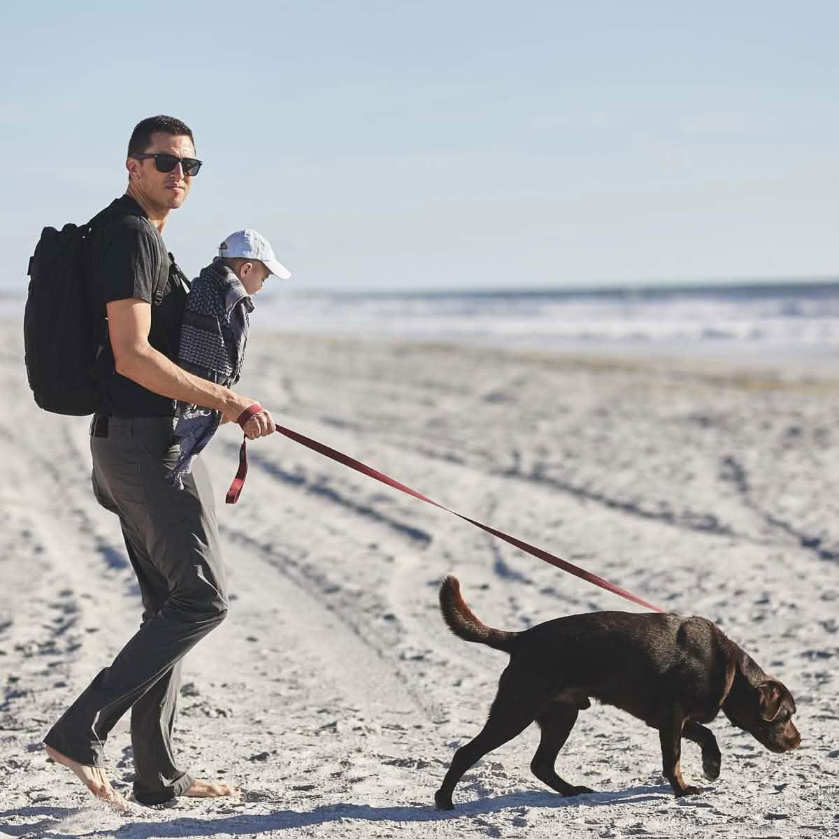 Man wearing charcoal GORUCK pants carrying baby and walking dog on sandy beach under clear sky