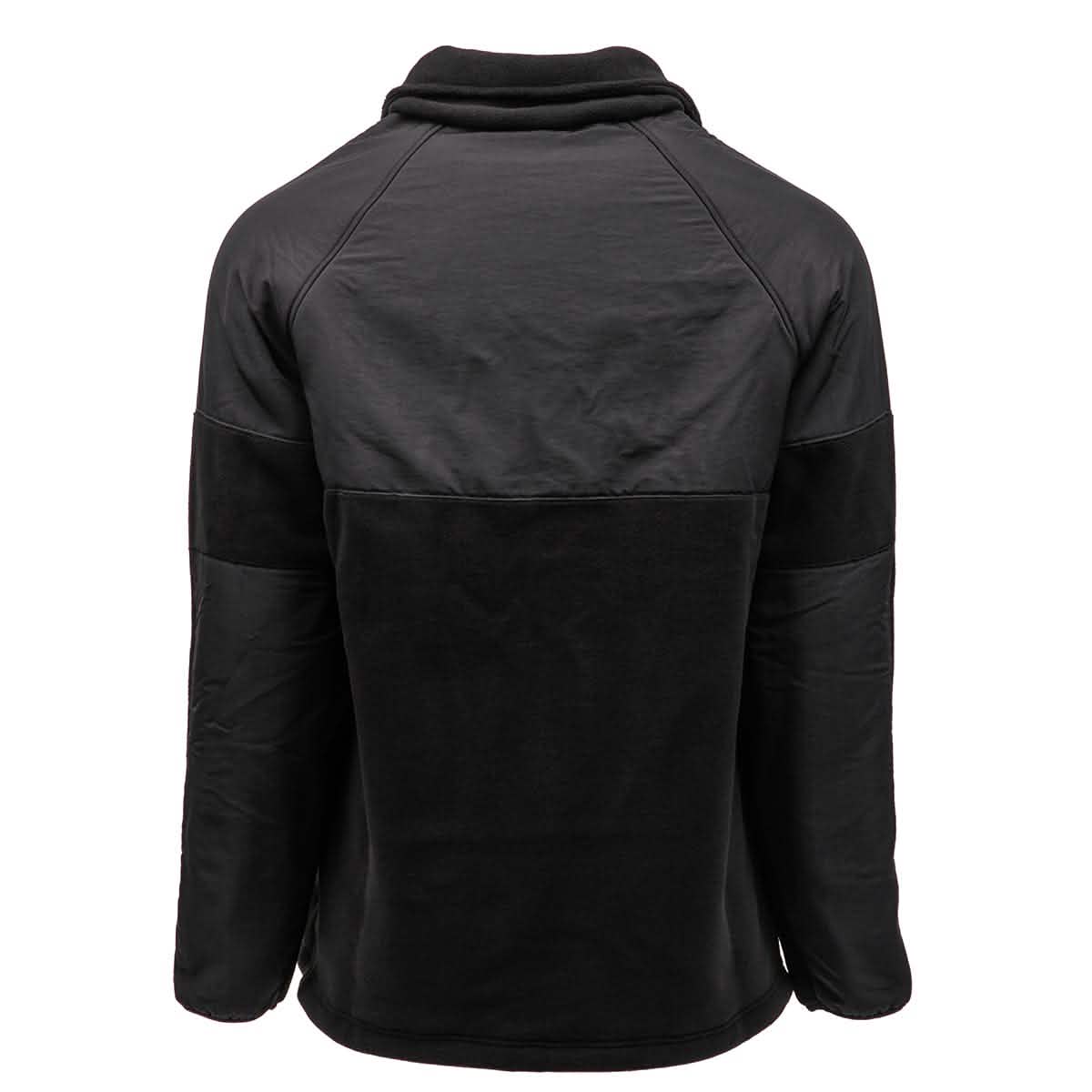 Back view of the Men’s Task Force Dagger Jacket by GORUCK, showcasing its black long-sleeve design with a high collar and raglan sleeves, similar to the sleek Polartec fleece jackets. The upper portion has a smooth texture in contrast to the matte finish on the lower half, highlighting differing fabric styles.
