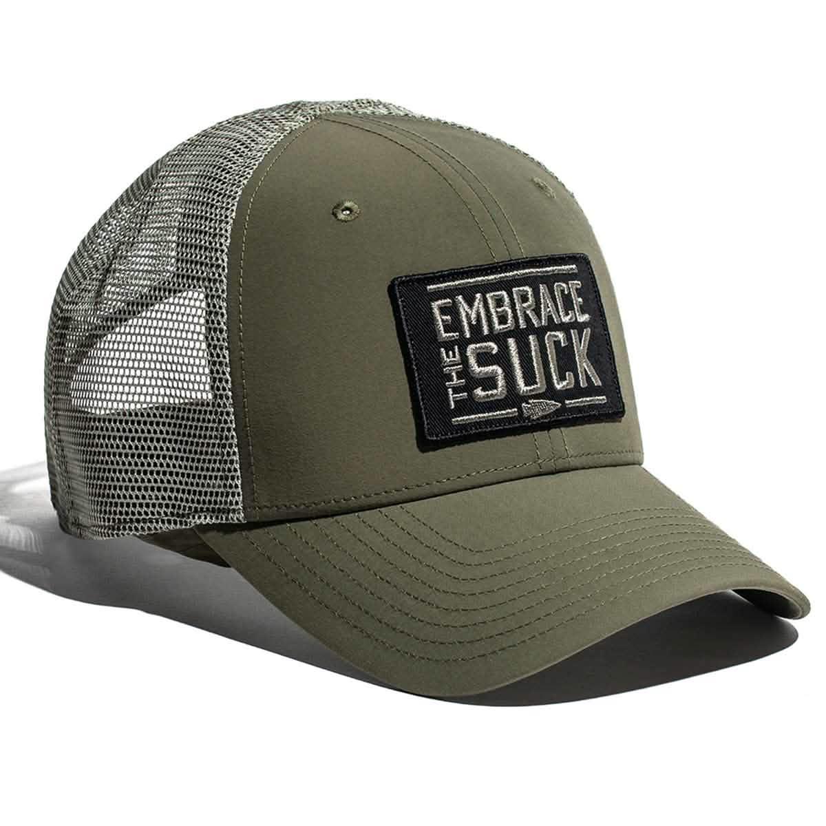 GORUCK olive green trucker hat with mesh back and 'Embrace The Suck' patch on front