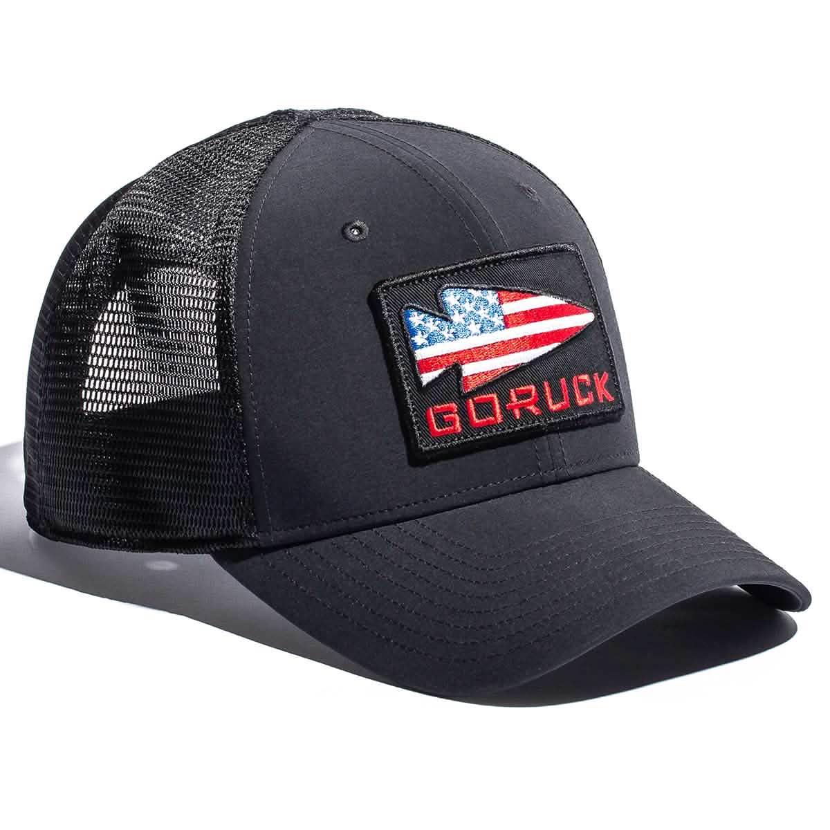 GORUCK black trucker hat with American flag arrow patch and mesh back