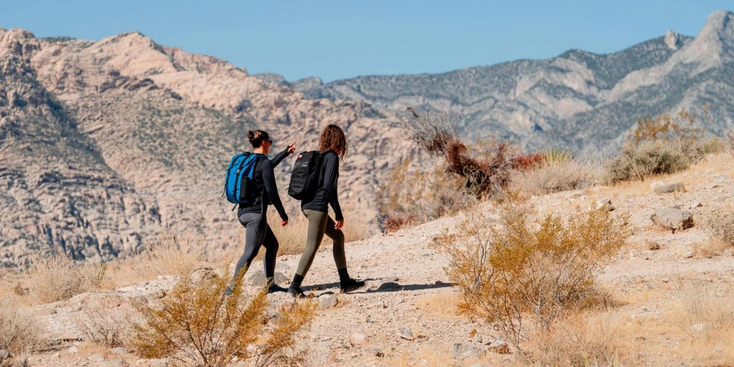 Two hikers with backpacks trekking a dry mountain trail surrounded by desert shrubs and rocky terrain