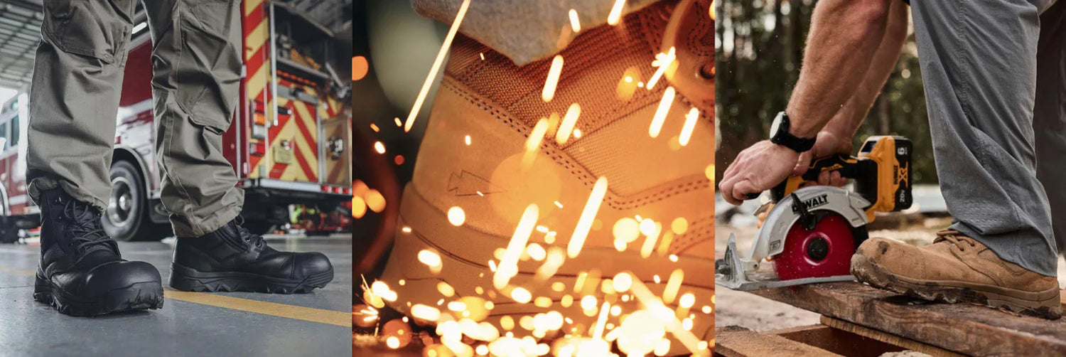 Composite image showing black tactical boots by firetruck, close-up of tan boots with sparks, and worker cutting wood wearing tan rugged boots