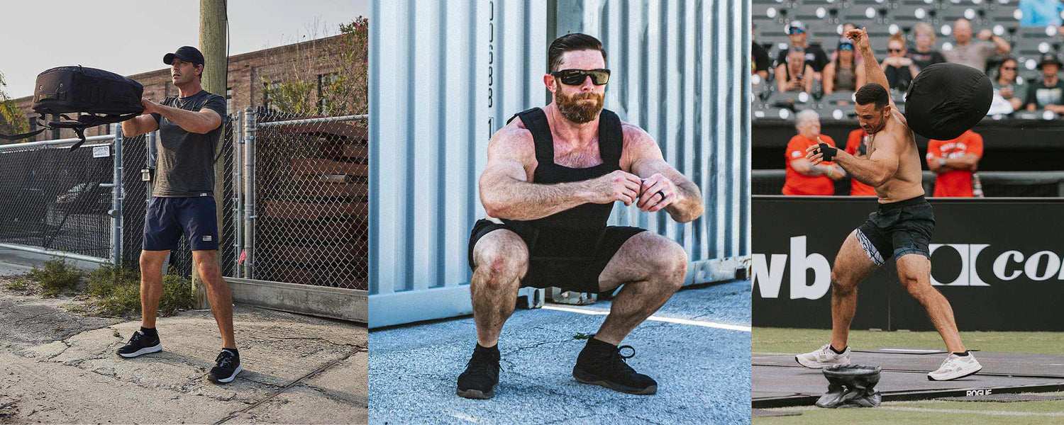 Three men perform sandbag exercises: carries, squats, and throws, each in a different outdoor setting.