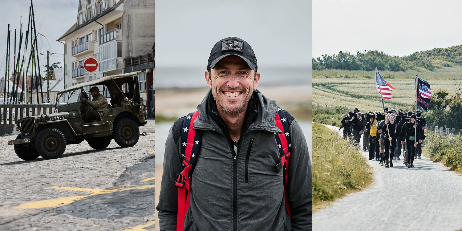 Three images showcasing GORUCK community: vintage military jeep, smiling man with GORUCK cap and American flag backpack, group rucking with flags on rural path