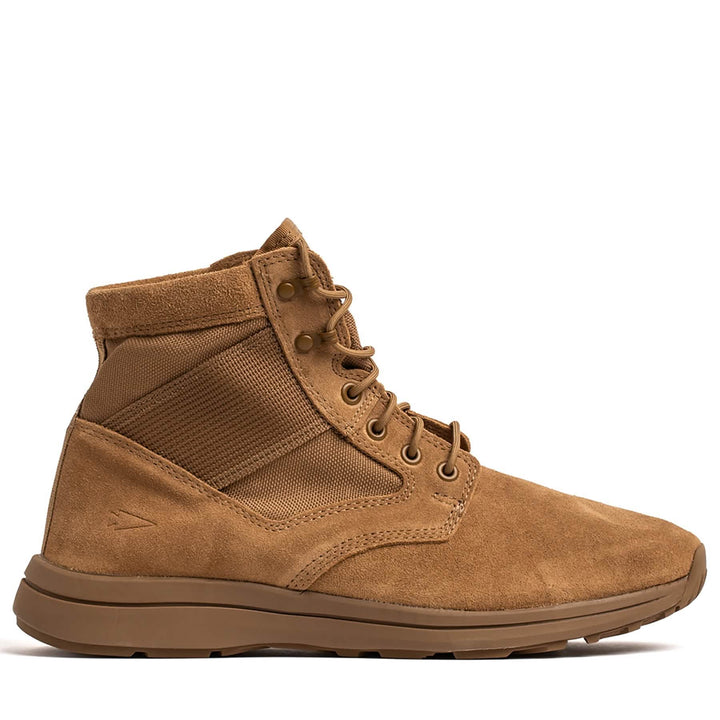 Introducing the MACV-1 Hi-Speed - Mid Top by GORUCK, crafted specifically for rucking enthusiasts. This tan suede ankle boot combines style and performance with its lightweight design featuring a sturdy rubber sole and a lace-up pattern. It includes a mesh panel on the side to enhance breathability and comfort. Perfect for those who seek both aesthetic appeal and functionality.