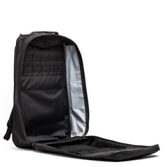 The GR1 USA - Waterproof X-PAC is a black backpack with a fully unzippable front, showcasing multiple interior pockets and compartments for organizing gear, all designed with durable waterproof materials.