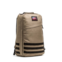 Tan GR1 USA - Cordura tactical backpack with black straps and an American flag patch on front, designed for everyday carry, displayed against a white background.
