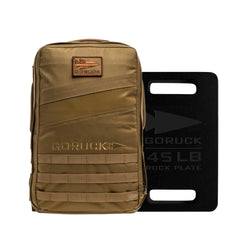 The Rucker 4.0 + 45LB Plate Bundle features a tan backpack and a black 45 lb plate with handles, ideal for rucking workouts.